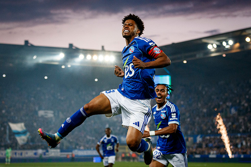 Andrey Santos of Strasbourg celebrates after scoring his goal during the France Ligue 1 match between RC Strasbourg Alsace and Le Havre AC at Stade de la Meinau on May 17, 2025 in Strasbourg, France.