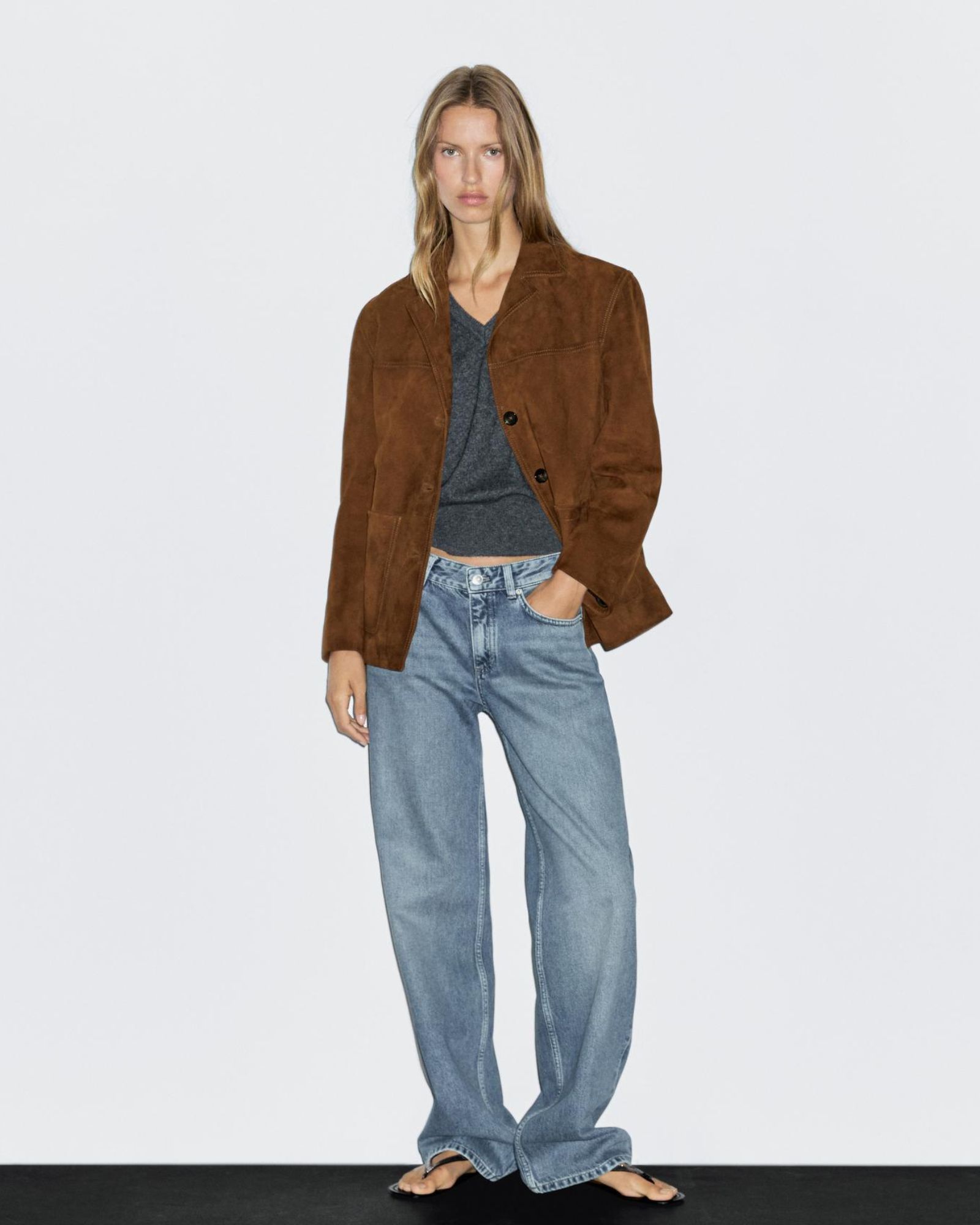 Massimo Dutti Suede Leather Blazer with Topstitching