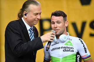 Mark Cavendish answers a question at the 2018 Tour de France team presentation