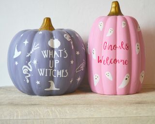 Pumpkin decorating ideas using pastel purple and pink painted pumpkins with vinyl cut slogans