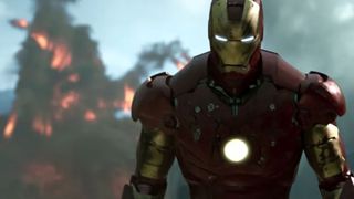 Screenshot from the MCU's Iron Man, showing Tony Stark in his suit walking away from an explosion.
