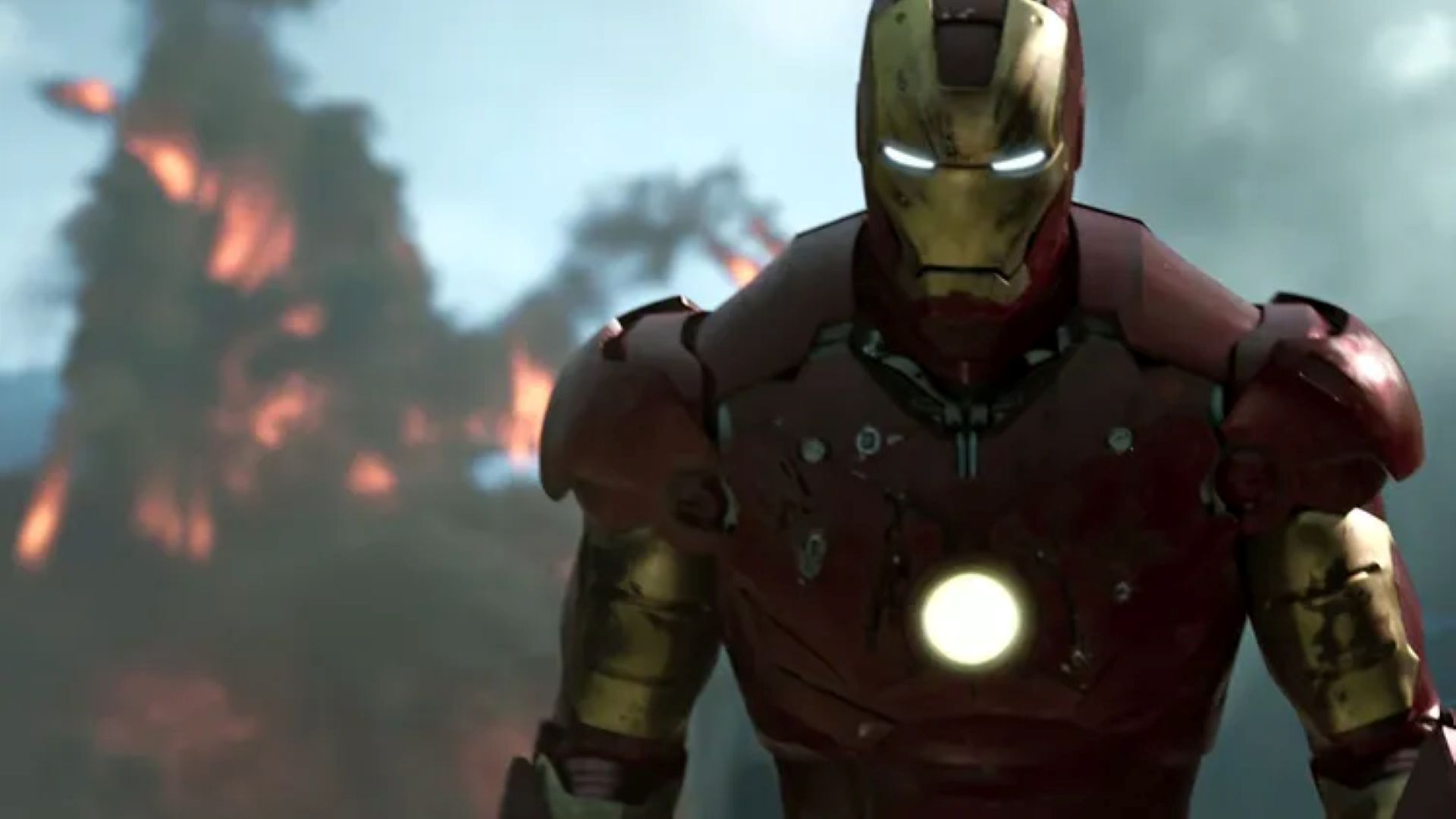 Screenshot from the MCU's Iron Man, showing Tony Stark in his suit walking away from an explosion.