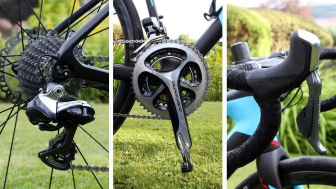 The drivetrain on the flagship Giant Defy Advanced SL 0 model includes a Shimano Dura-Ace Di2 9070 electronic transmission paired with hydraulic Shimano R785 Dual Control levers. The wide-range gearing includes 50/34-tooth chainrings and a broad 11-28T cassette