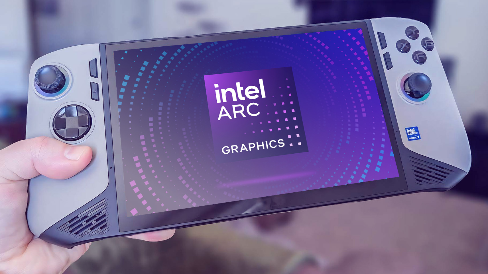 MSI Claw 8 AI+ gaming handheld with Intel Arc graphics logo superimposed on the screen