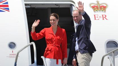 Catherine, Duchess of Cambridge and Prince William, Duke of Cambridge depart on their RAF Voyager Plane from Philip S. W Goldson International Airport on March 22, 2022 in Belize City, Belize. The Duke and Duchess of Cambridge are visiting Belize, Jamaica and The Bahamas on behalf of Her Majesty The Queen on the occasion of the Platinum Jubilee. The 8 day tour takes place between Saturday 19th March and Saturday 26th March and is their first joint official overseas tour since the onset of COVID-19 in 2020.