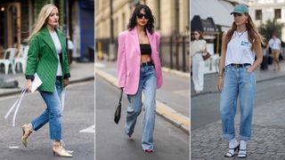 Three women walking on the street showing how to style boyfriend jeans with heels