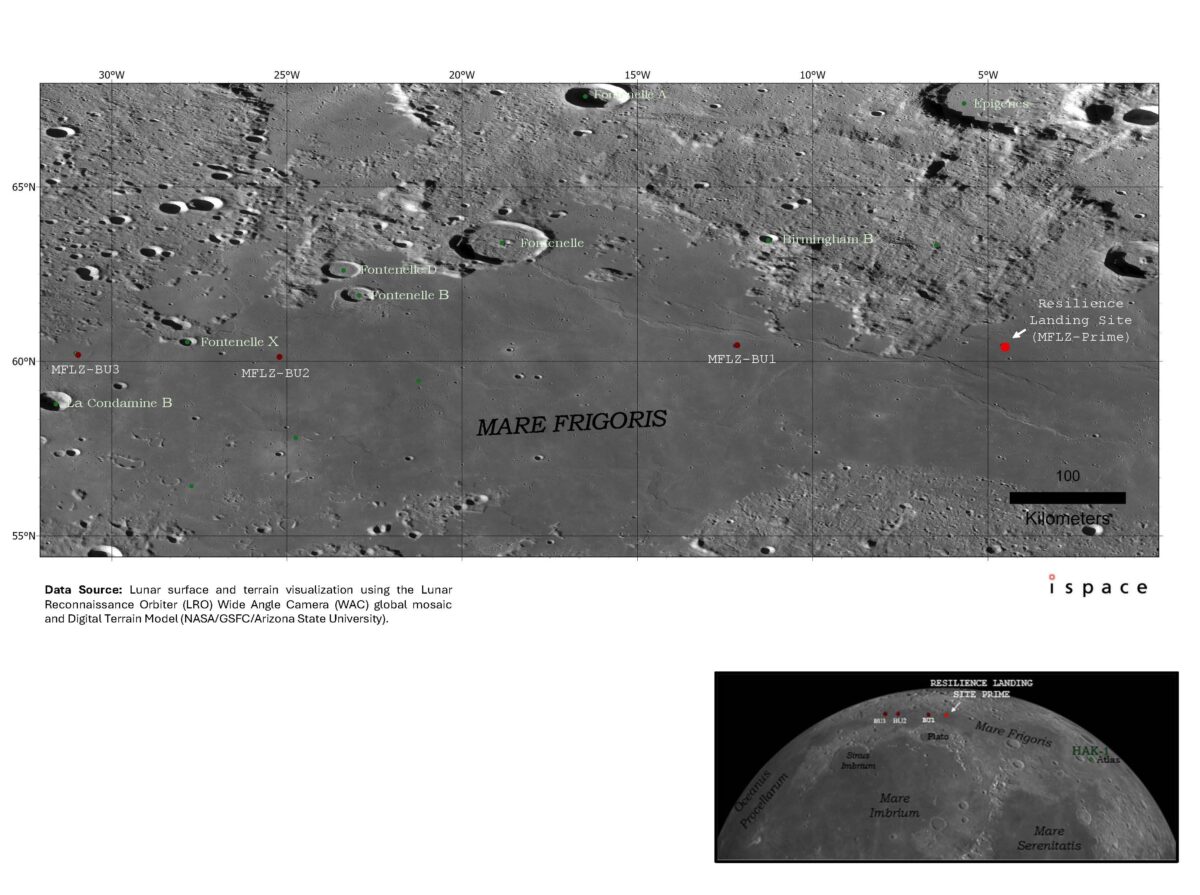 A map of the Sea of Cold on the moon showing the landing site of a Japanese ispace moon lander in red.