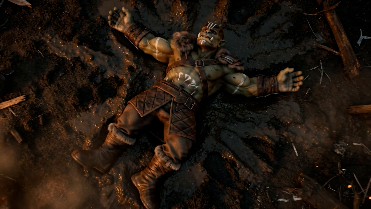 Renders of a robot fighting orcs