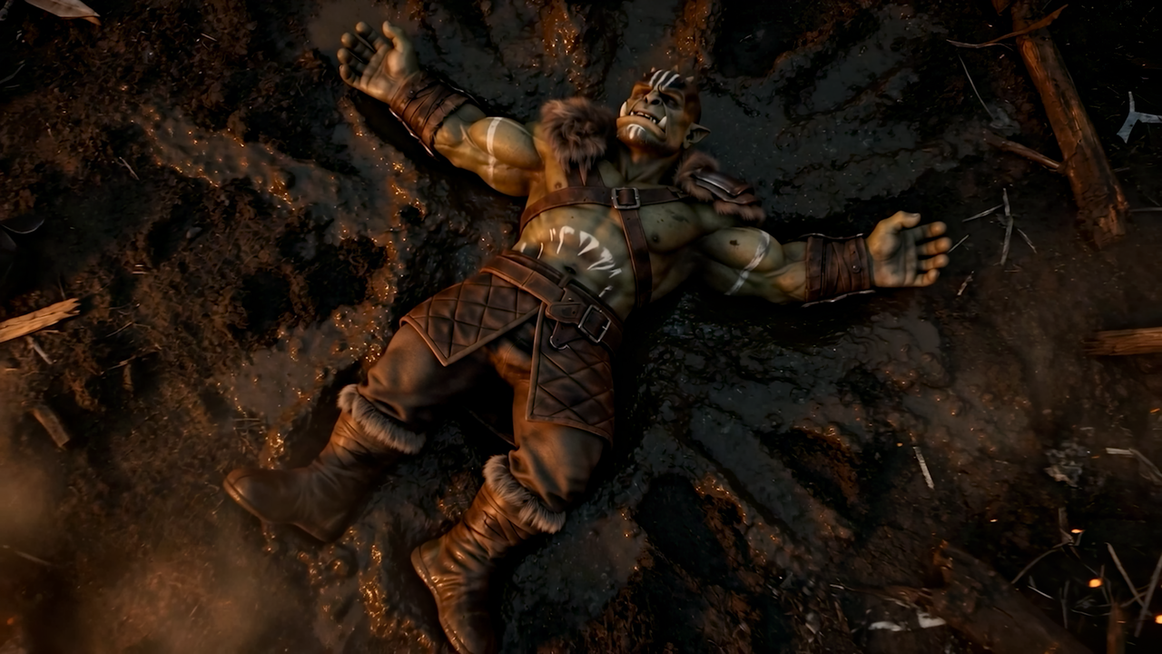 Renders of a robot fighting orcs