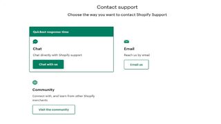 Shopify's support webpage with contact details and links