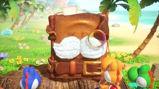 Several Yoshis sitting in front of Mr. E in Yoshi and the Mysterious Book