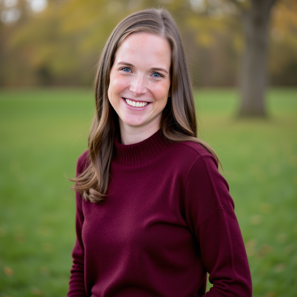 a photo of psychologist Jenny Shields: a lady standing outside on the grass with trees in the background with mouse brown hair and a maroon long sleeve