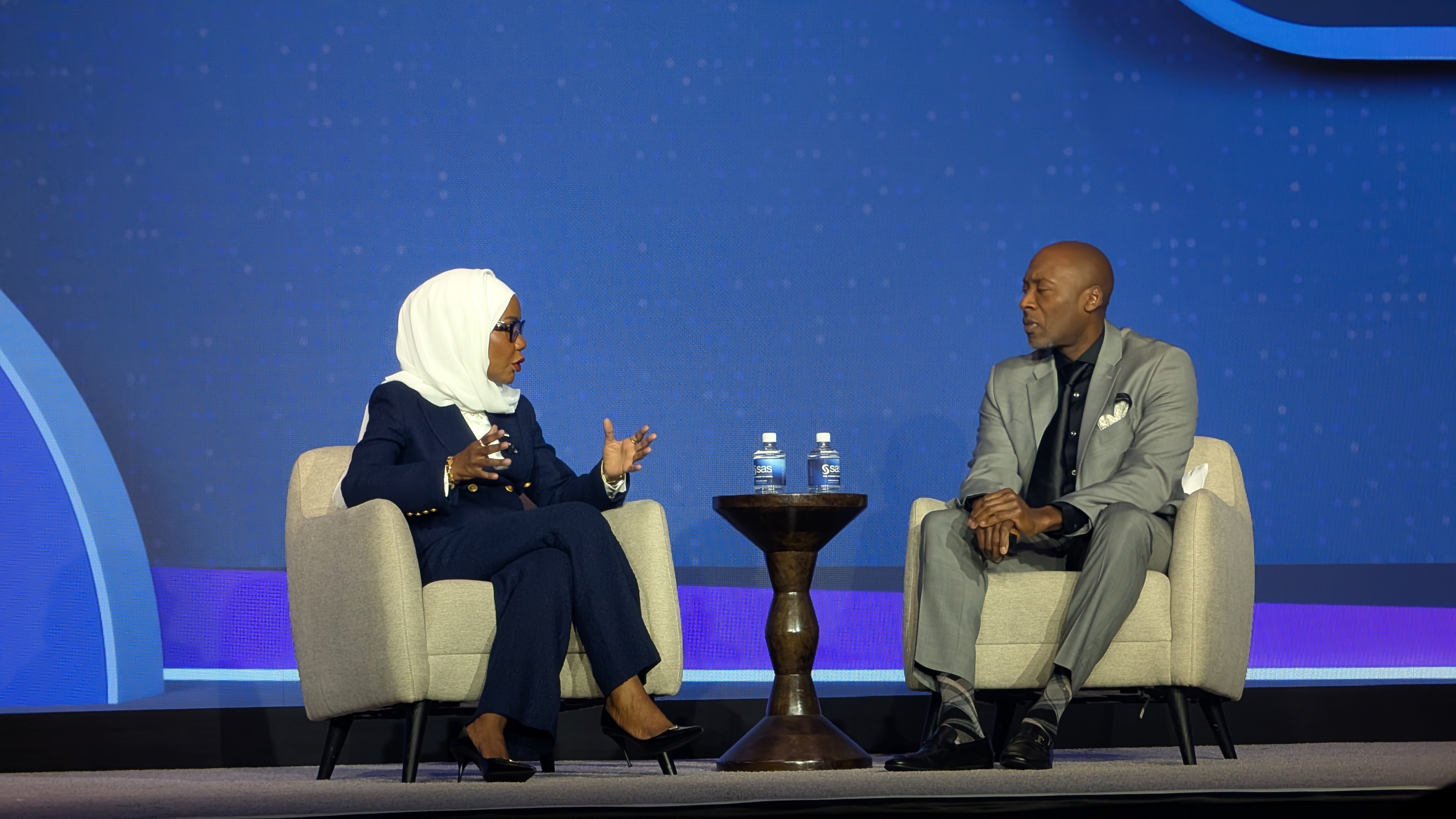 Mubaraka Ibrahim, chief artificial intelligence officer & CIO at the Emirates Health Services, UAE, onstage during the SAS Innovate 2025 keynote with Reggie Townsend, VP, Data Ethics at SAS.