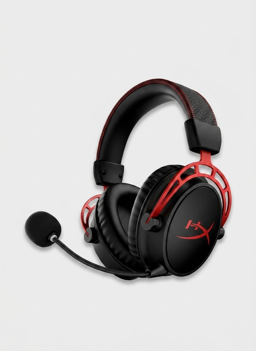 A HyperX Cloud Alpha Wireless gaming headset on a grey background