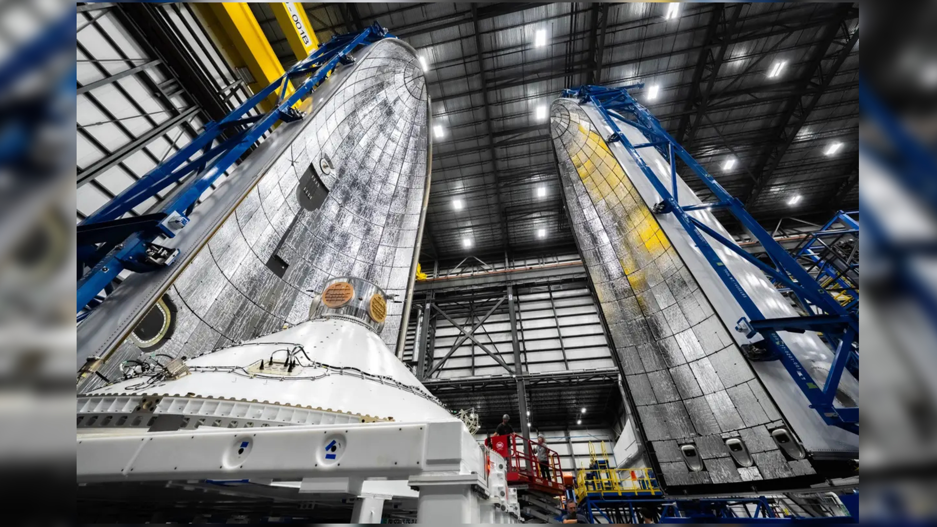 A Blue Origin Blue Ring payload pathfinder with its massive rocket fairings.