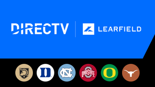 DirecTV and Learfield logos on top of the logos for six collages