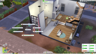 The Sims 4 - On a home business lot, a sim looks at an interaction menu that includes "send disruptive customer away"