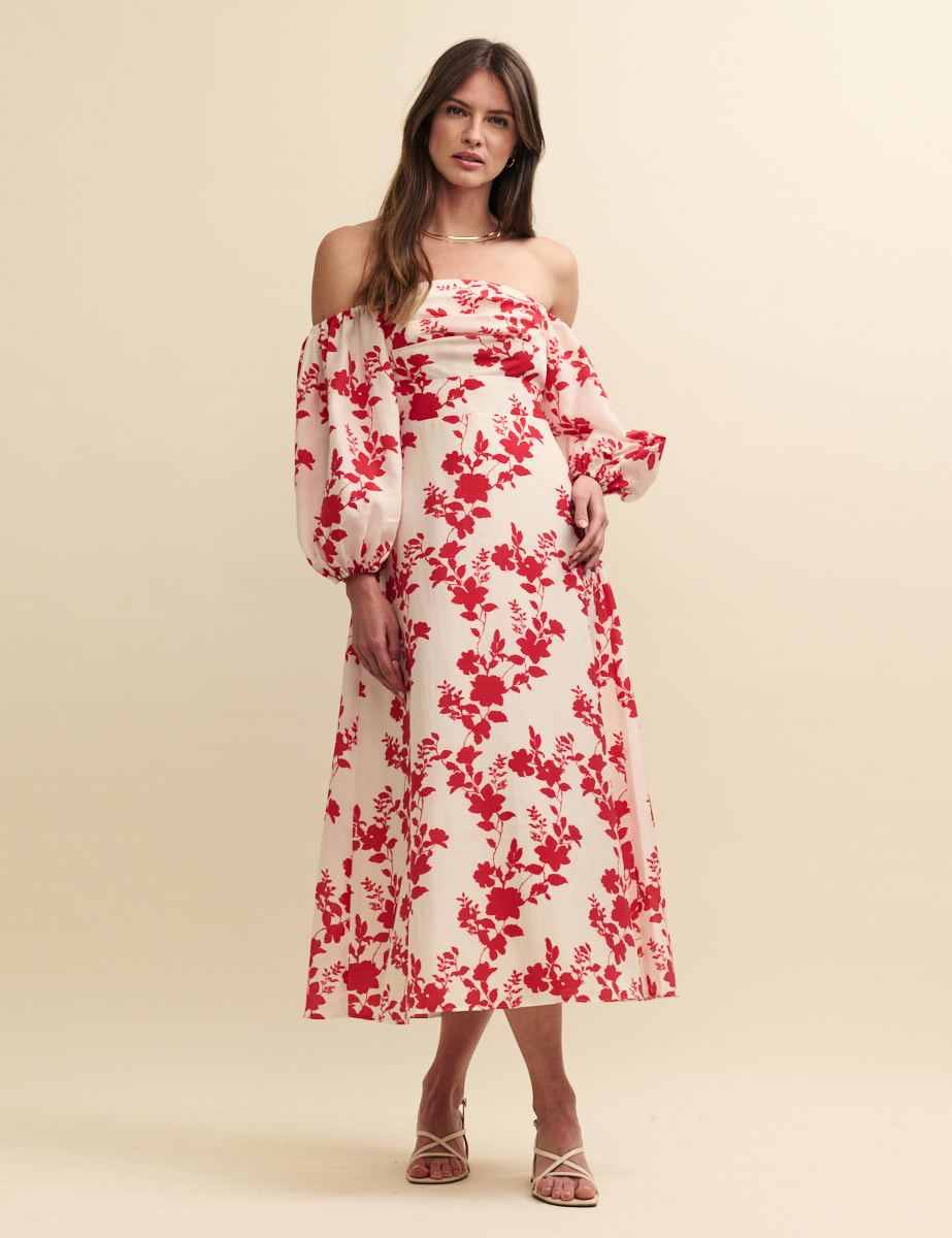 Red Floral Bardot Maxine Midi Dress