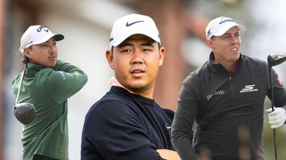 (L to R) Min Woo Lee, Tom Kim and Matt Fitzpatrick look on at the 2026 Genesis Scottish Open