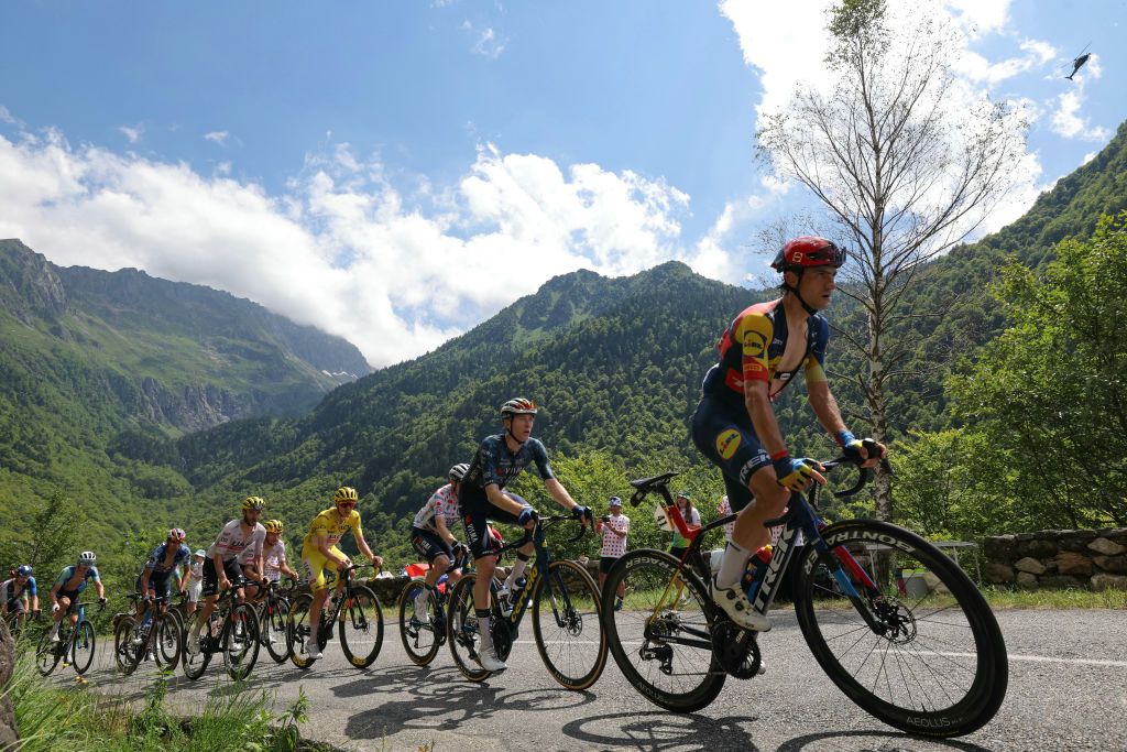 Lidl - Trek team's Italian rider Giulio Ciccone leads the pack in the ascent of the Col de d'Agnes during the 15th stage of the 111th edition of the Tour de France cycling race, 197,7 km between Loudenvielle and Plateau de Beille, in the Pyrenees mountains, southwestern France, on July 14, 2024. (Photo by Thomas SAMSON / AFP)