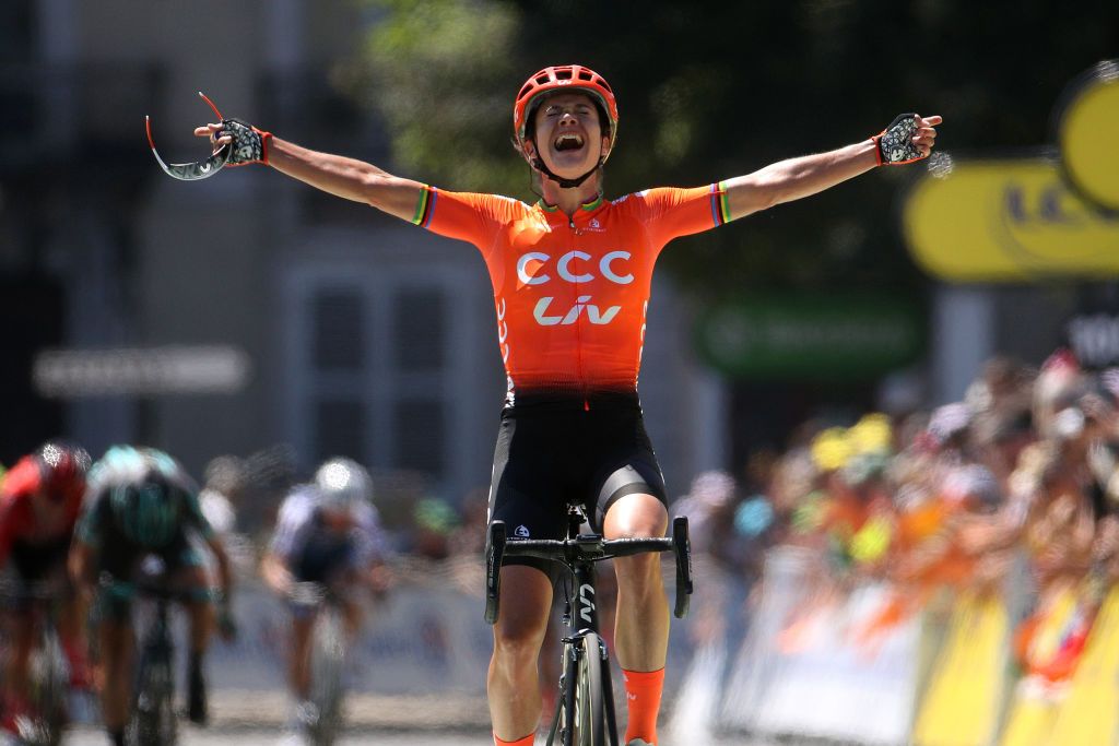 Marianne Vos (CCC-Liv) lets out her emotions as she wins La Course