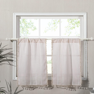 beige patterned cafe curtains