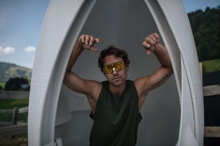 To.org co-founder and CEO Nachson Mimran in 'The Throne', a 3D-printed portable toilet by To.org and Nagami