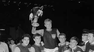 Bobby Moore being carried by West Ham teammates after winning European Cup Winners Cup 1965 at Wembley Stadium. (Photo by Kent Gavin/Daily Mirror/Mirrorpix via Getty Images)