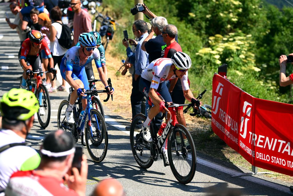 GENOA ITALY MAY 19 A general view of Santiago Buitrago Sanchez of Colombia and Team Bahrain Victorious Wilco Kelderman of Netherlands and Team Bora Hansgrohe Lucas Hamilton of Australia and Team BikeExchange Jayco and Bauke Mollema of Netherlands and Team Trek Segafredo compete in the chase group during the 105th Giro dItalia 2022 Stage 12 a 204km stage from Parma to Genova Giro WorldTour on May 19 2022 in Genoa Italy Photo by Tim de WaeleGetty Images