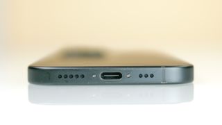 Closeup of USB-C port on the iPhone 15.