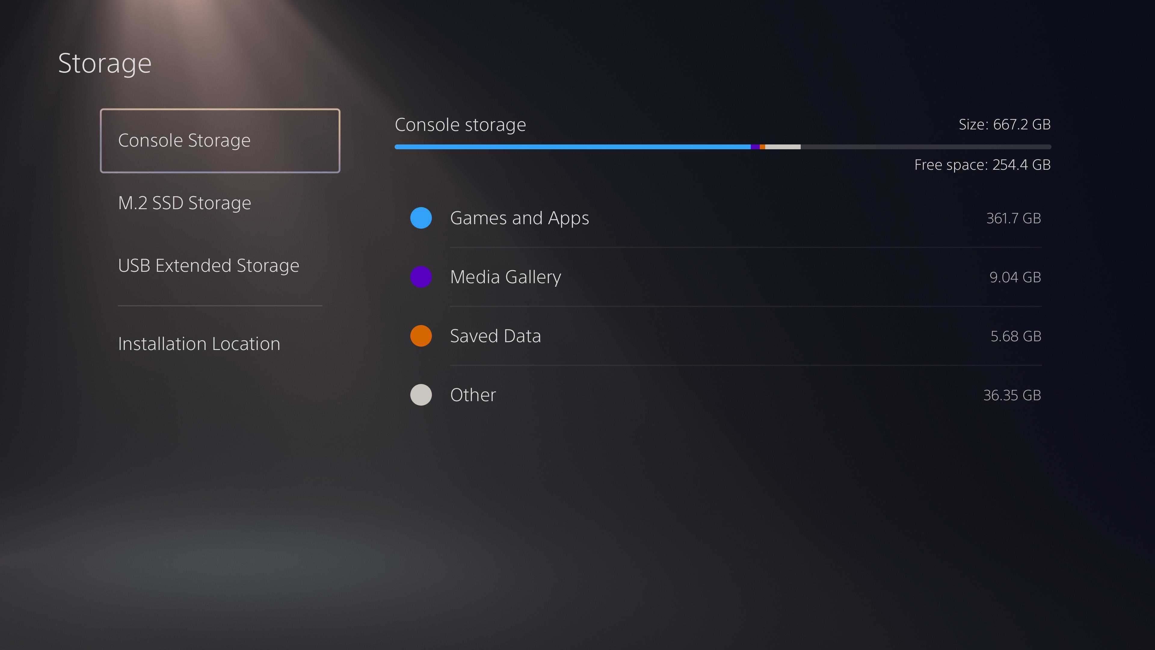 The storage settings menu of the PS5