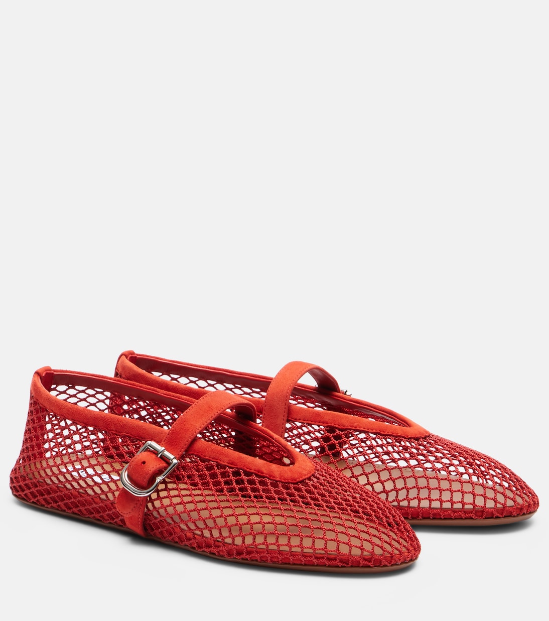 Suede-Trimmed Fishnet Ballet Flats in Red - Alaia