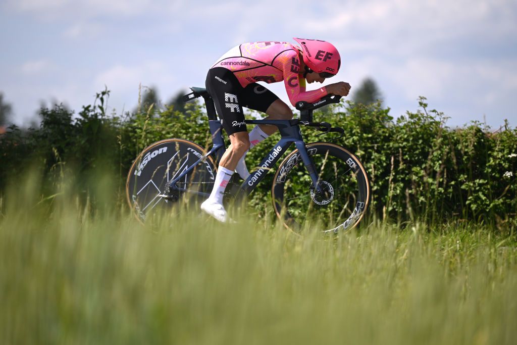 NEULISE FRANCE JUNE 05 Neilson Powless of The United States and Team EF Education EasyPost sprints during the 76th Criterium du Dauphine 2024 Stage 4 a 344km individual time trial at stage from SaintGermainLaval to Neulise 552m UCIWT on June 05 2024 in Neulise France Photo by Dario BelingheriGetty Images