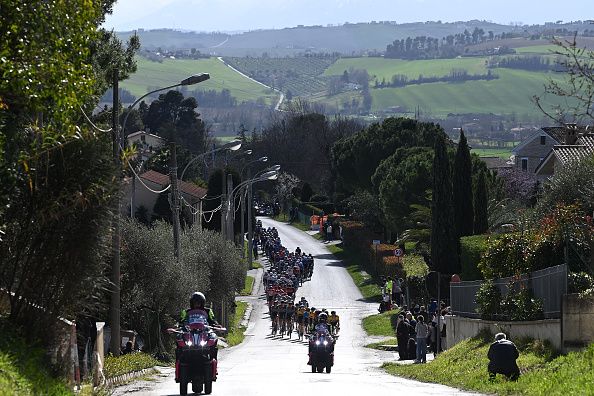 OSIMO ITALY MARCH 11 A general view of the peloton competing during the 58th TirrenoAdriatico 2023 Stage 6 a 193km stage from Osimo Stazione to Osimo 252m UCIWT TirrenoAdriatico on March 11 2023 in Osimo Italy Photo by Tim de WaeleGetty Images