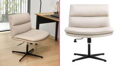 Emiah Armless Office Desk Chair in beige leather in office on the left, with cut out image of the chair on the right