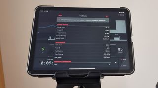 Wattbike Proton, a close-up photo of the workout stats screen in the Hub app