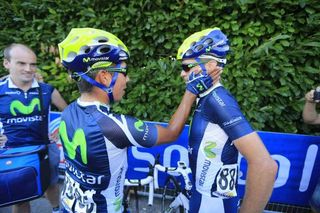 Nairo Quintana thanks his Movistar teammate Giovanni Visconti