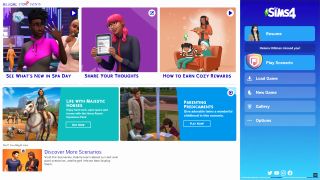 The Sims 4 menu 2024 - 6 tiles of news with a right sidebar showing resume, new game, and load game buttons