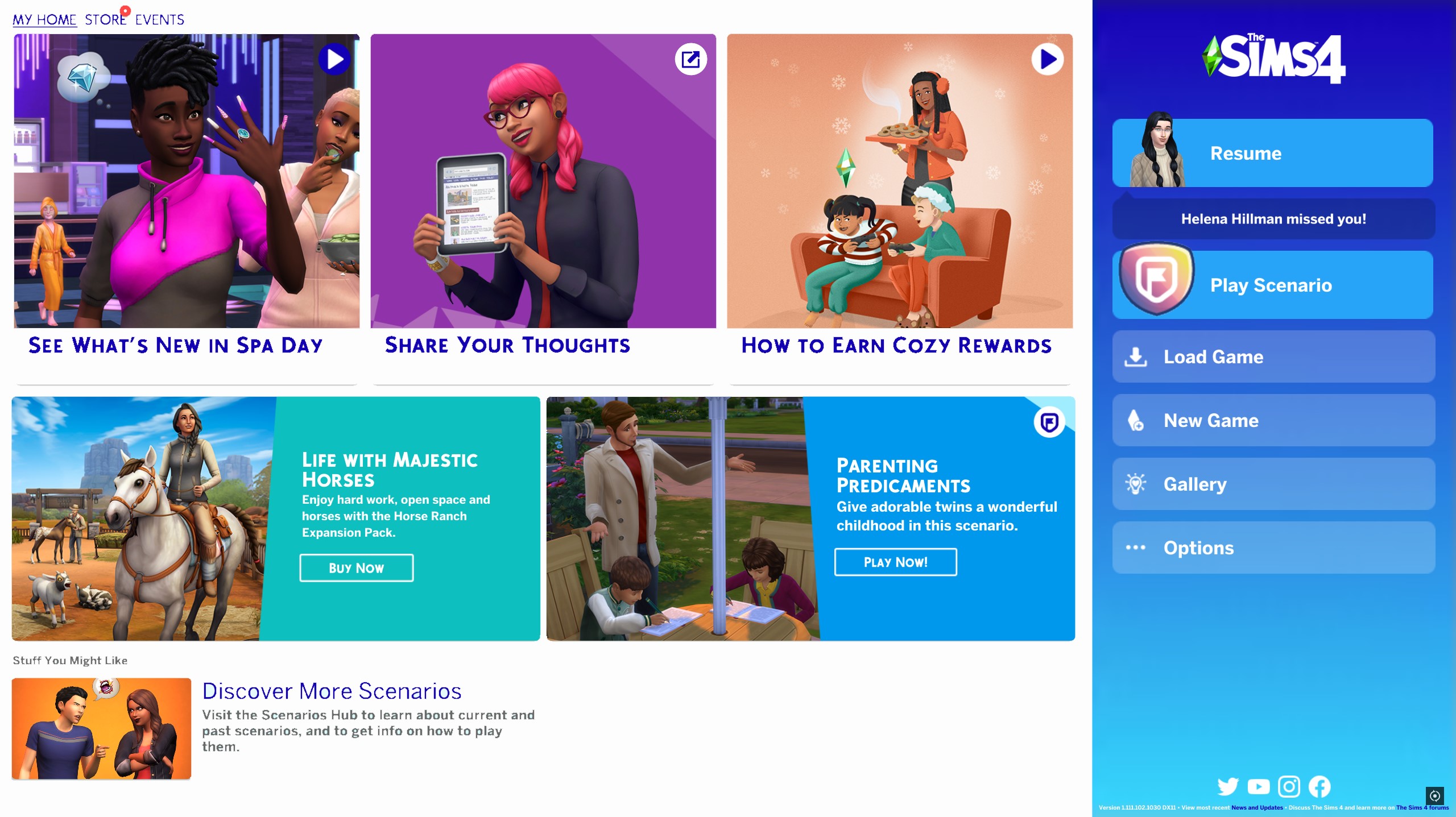 The Sims 4 menu 2024 - 6 tiles of news with a right sidebar showing resume, new game, and load game buttons