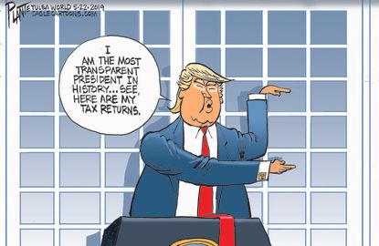 Political Cartoon U.S. Trump cover up stonewalling tax returns transparent president