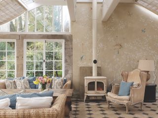 conservatory extension interior design with woodburning stove
