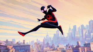 Miles Morales poses as he flips through the air in Spider-Man: Across the Spider-Verse