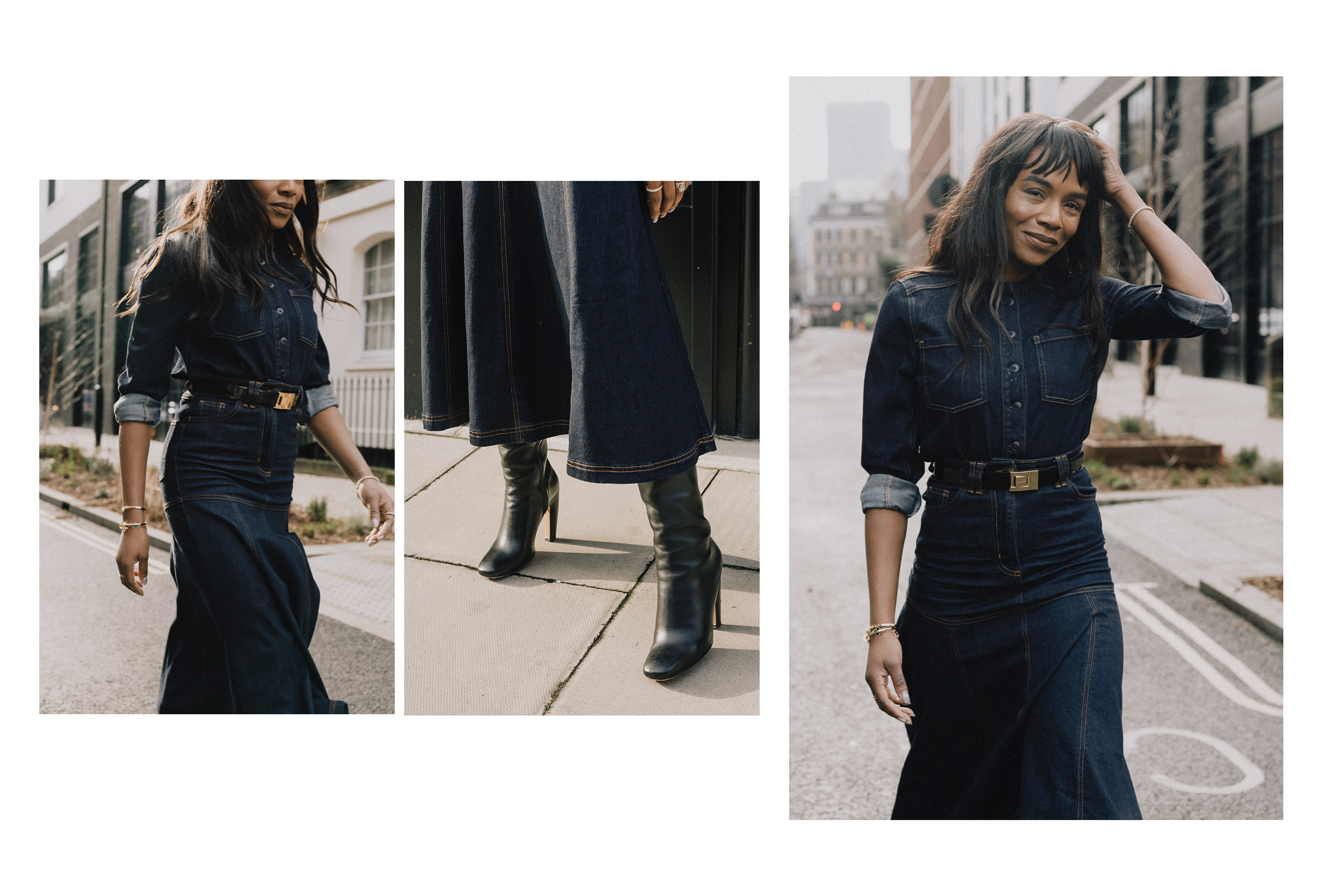 Jordan Mitchell in wears a denim button-down and midi skirt and black, heeled boots