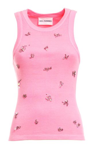 Crystal-Embroidered Cotton Ribbed Knit Tank Top