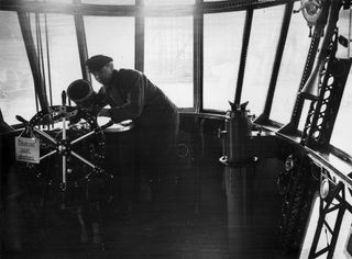 March 1936: Steering wheel of the hydrogen-filled German airship Hindenburg (LZ-129).