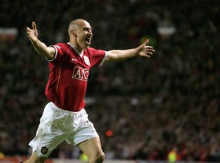 Henrik Larsson celebrates after scoring for Manchester United against Lille in the Champions League in March 2007.