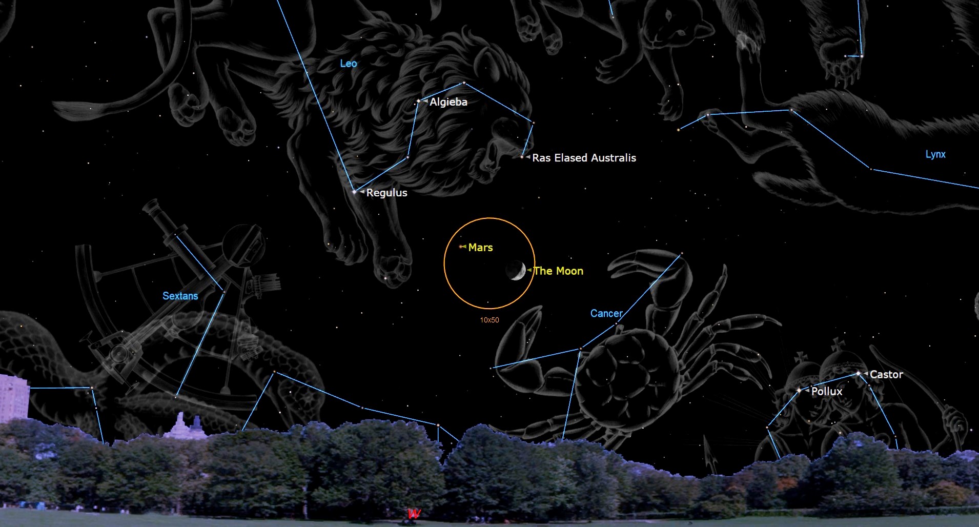 night sky map graphic showing the moon shining to the lower right of Mars, the duo are shown in an orange circle.
