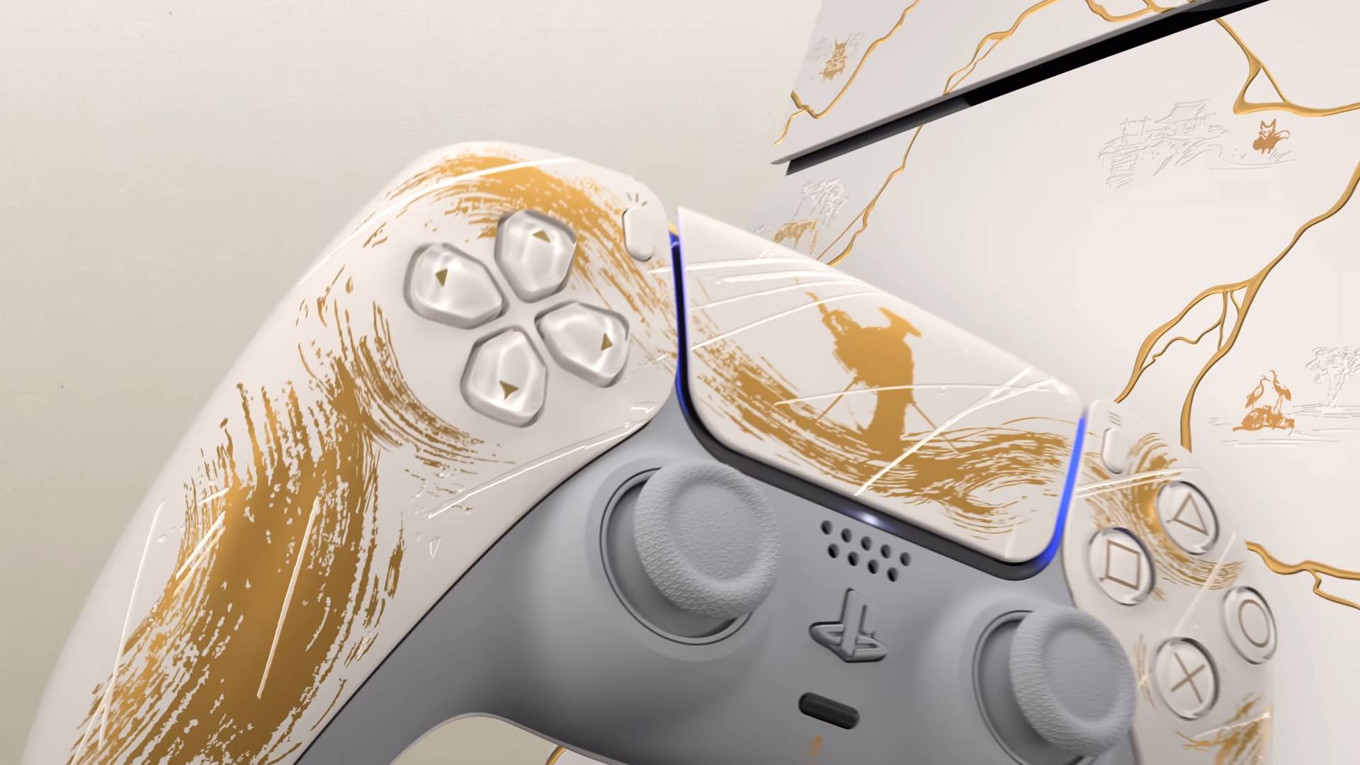 Screenshot from the official PlayStation Ghost of Yōtei - Limited Edition PS5 Bundles &amp; Accessories YouTube video showing off the new limited edition console.
