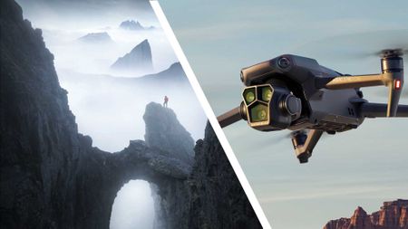 Diptych; lone figure atop a rock in a misty scene from an aerial viewpoint, alongside the DJI Mavic 3 Pro drone in flight at golden hour