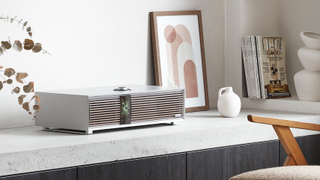 The Ruark R410 pictured in a light room on a cabinet